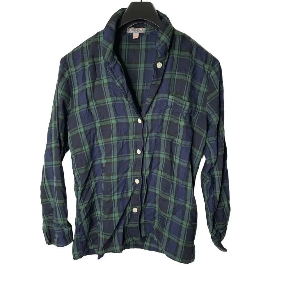 J. Crew flannel pajama top button front blue and green size XS